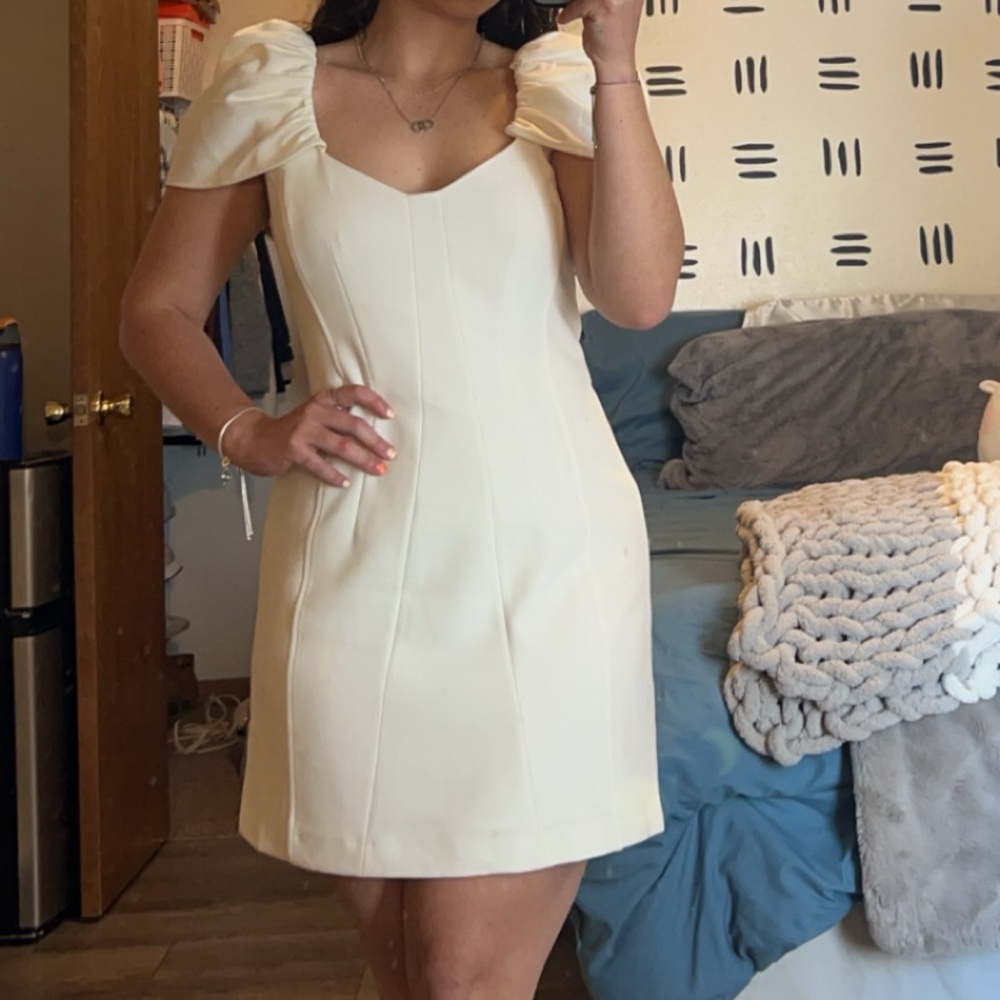 French Connection Whisper Gathered Sleeve Dress White